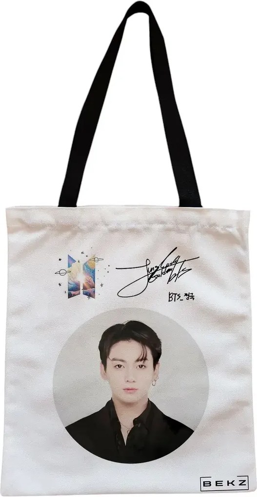 Sacosa de Panza pentru Cumparaturi, Geanta Tote, model BTS Jungkook, Cu fermoar, 38x34.5 cm, Alba, BEKZ®