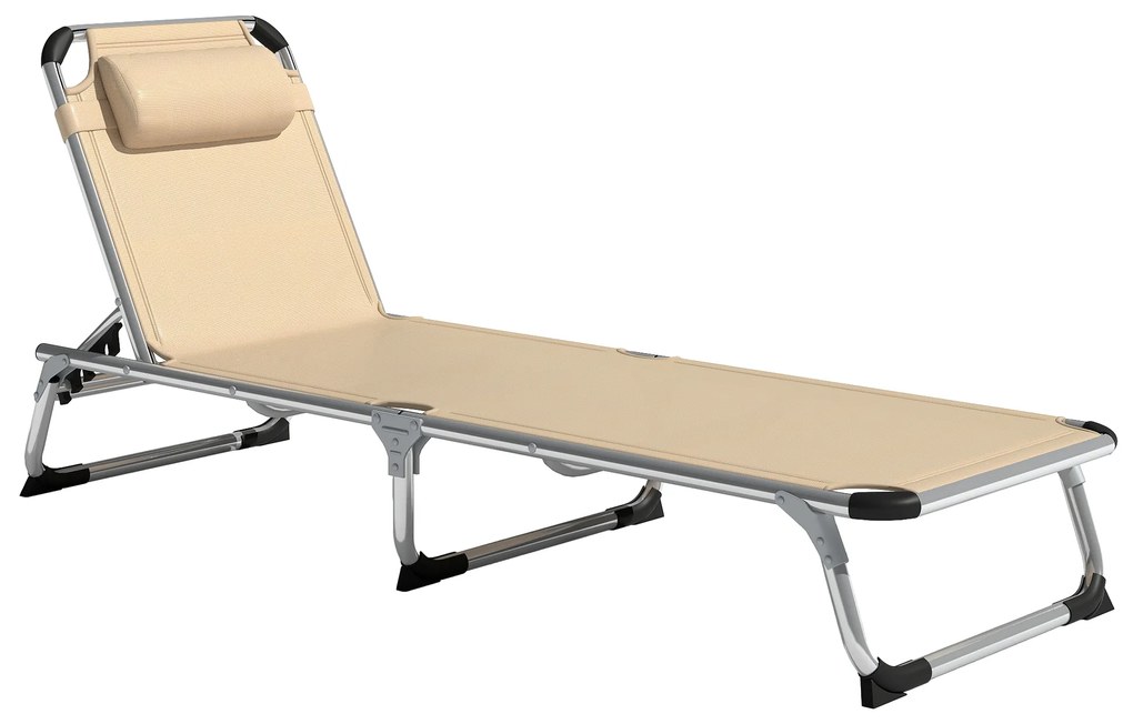 Outsunny Șezlong de plajă, Pliabil cu suport pentru cap, spătar reglabil, aluminiu și textilene, bej | Aosom Romania