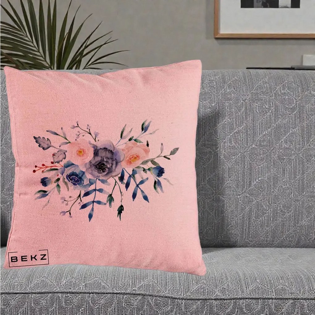 Perna Decorativa Buchet Flori Albastre Acuarela, 40x40 cm, Roz, Husa Detasabila, Perna Inclusa, BEKZ®