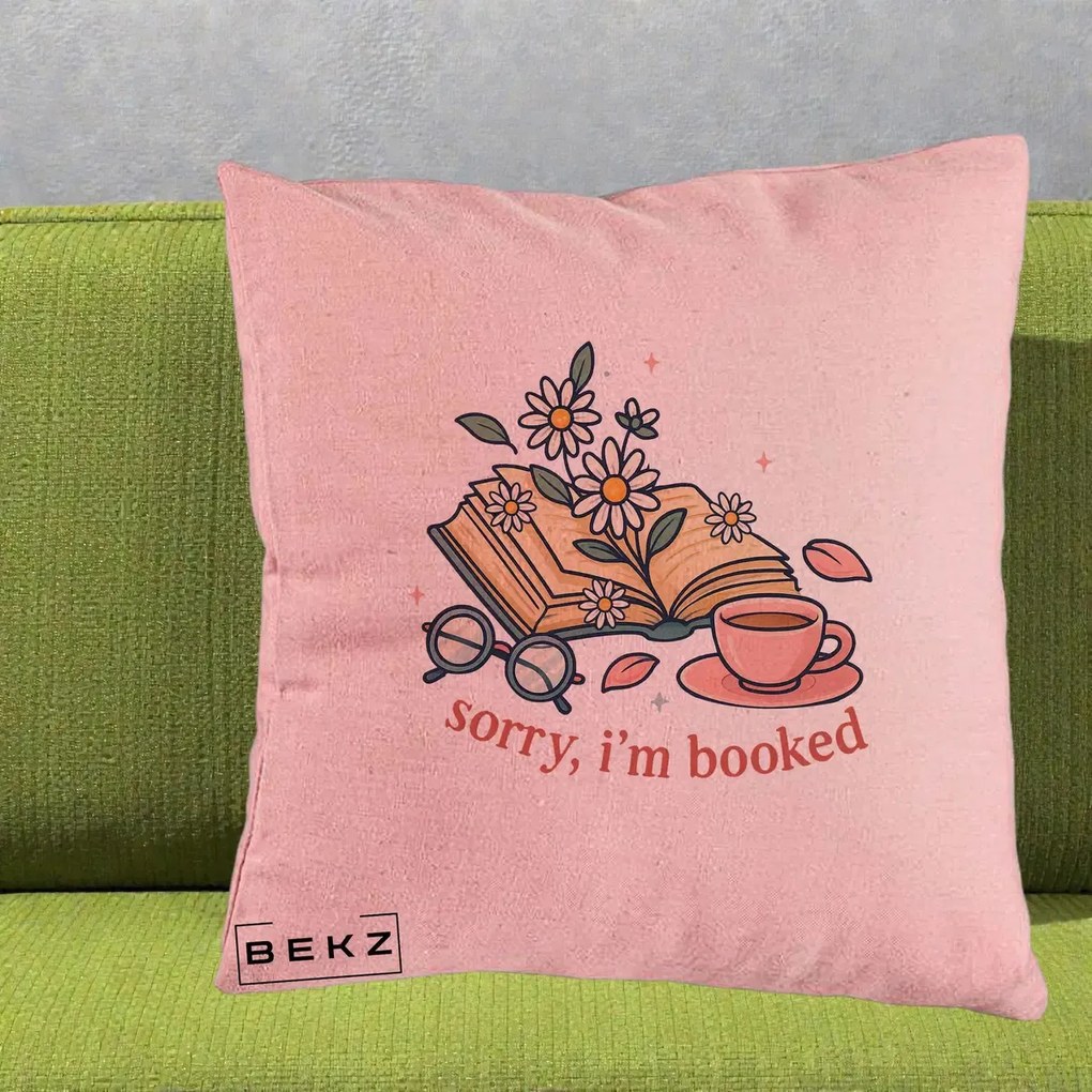 Perna Personalizata Sorry I'm Booked Carti Flori, 40x40 cm, Roz, Husa Detasabila, Perna Inclusa, BEKZ®