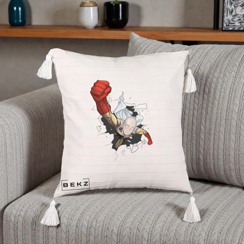 Perna Personalizata One Punch Man Saitama Pumn, 40x40 cm, Bej cu Franjuri, Husa Detasabila, Perna Inclusa, BEKZ®