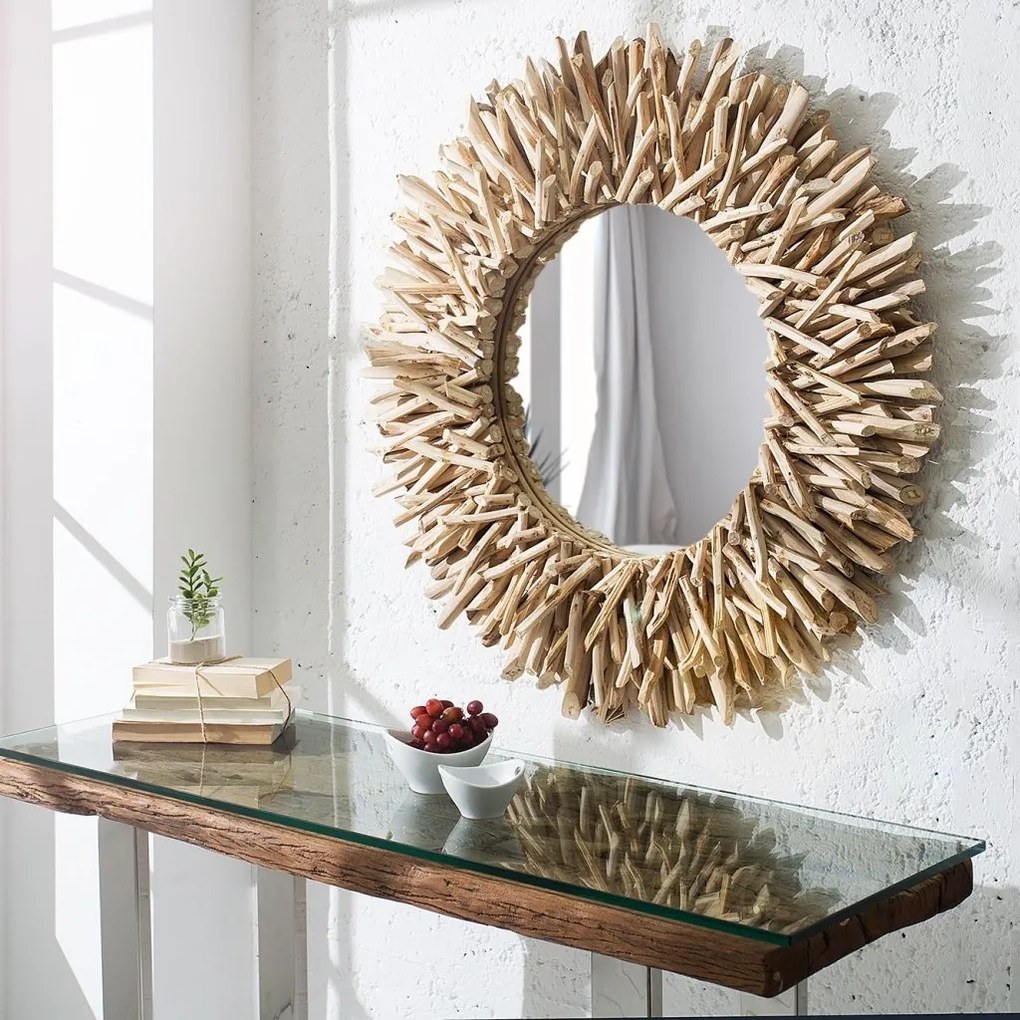 Oglinda decorativa rustica cu rama din lemn de tec Riverside 80cm A-36577 VC