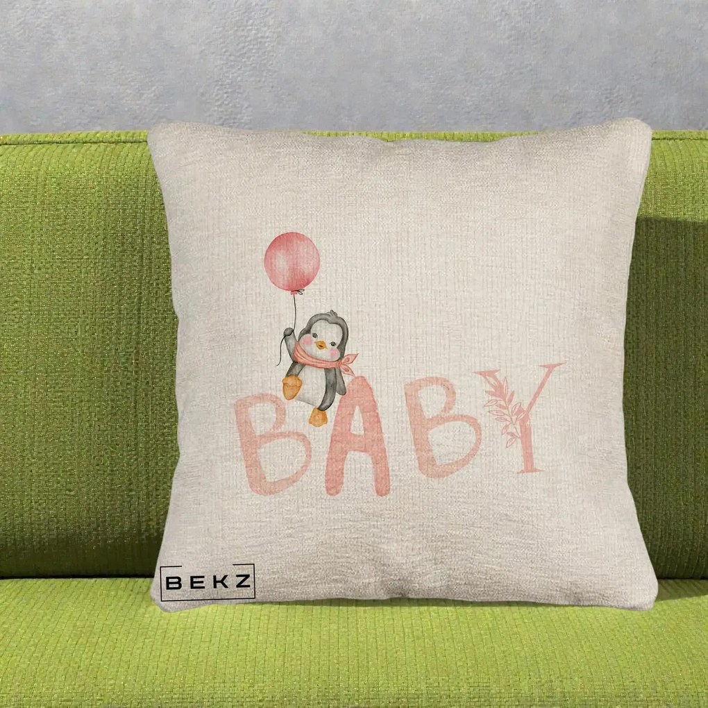 Perna Personalizata Baby Pinguin Roz, 40x40 cm, Bej Canapea, Husa Detasabila, Perna Inclusa, BEKZ®