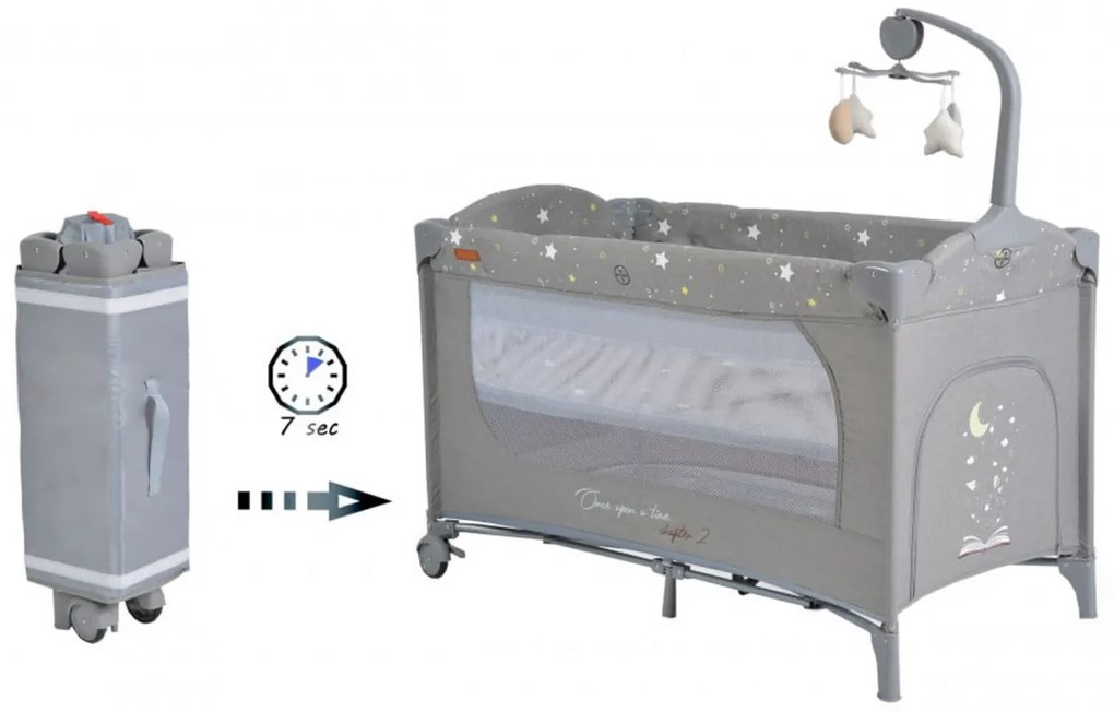 Patut pliant transformabil in tarc copii NOVOKIDS™ Onceuponatime NEST, 62X125 cm, 2 Niveluri, Jucarie Carusel muzical, Fermoar acces lateral, Gri