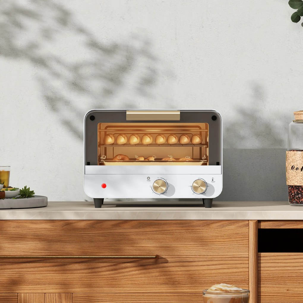 HOMCOM Cuptor Electric cu 2 Înălțimi cu Temporizator și Temperatură Reglabilă, 31,5x27,7x22,7 cm, Alb | Aosom Romania