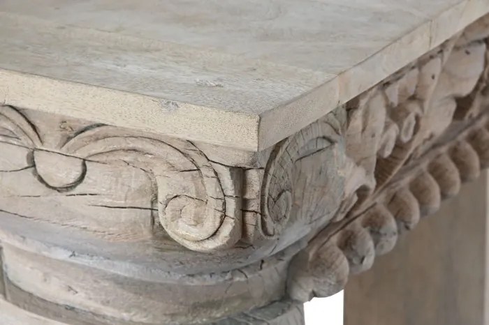 Consolă hol sculptată din lemn de mango, natur, cu coloane, friză cu dentili și panouri cu rozete, 91 x 182 x 54 cm, „Emperia”