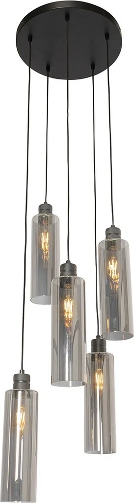 Lampă modernă suspendată neagră cu sticlă fumurie cu 5 lumini - Stavelot