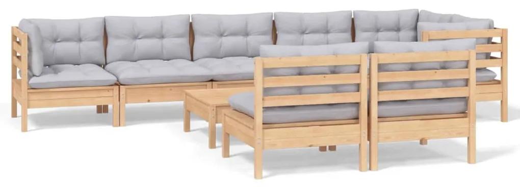 3096459 vidaXL Set mobilier de grădină cu perne gri, 9 piese, lemn masiv pin