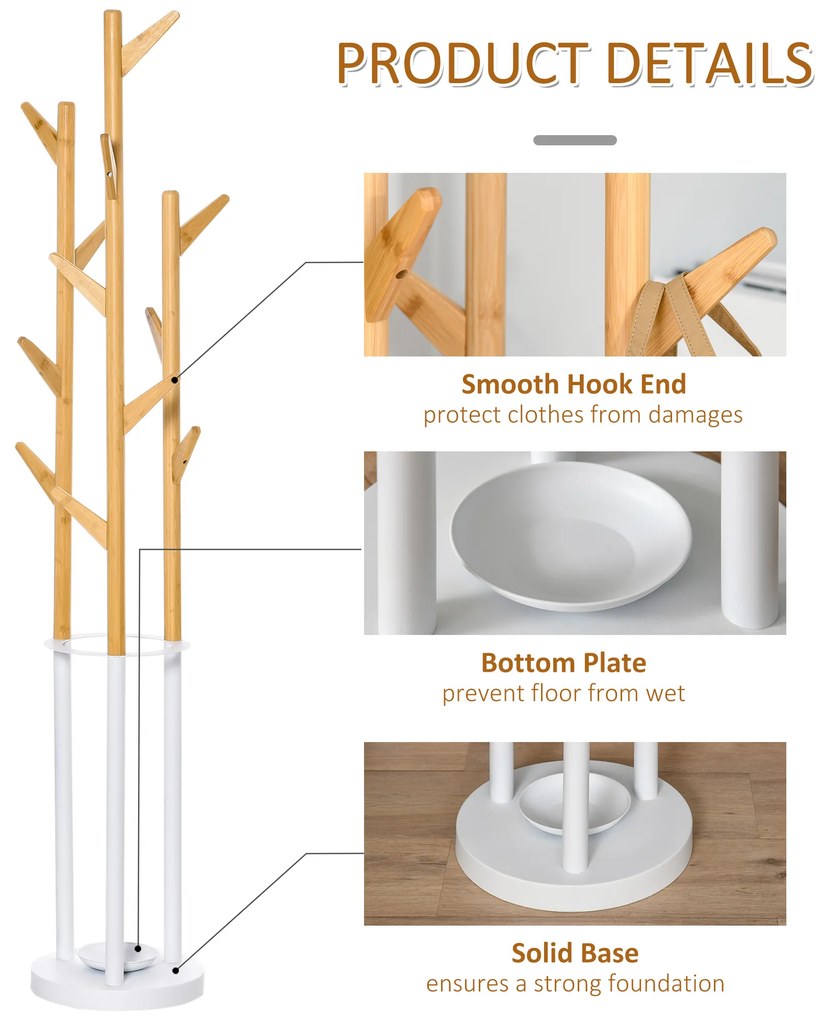 Cuier de podea pentru haine cu suport pentru umbrele si 13 carlige HOMCOM, metal si bambus, dimensiuni 30.5x30.5x174.5cm, lemn si alb | Aosom Romania