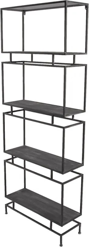 Etajeră metalică îngustă, negru, cu 4 rafturi din lemn și cadre suprapuse, 160 x 61 x 23 cm, „Verne”