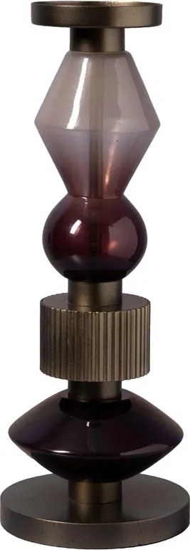 Sfeșnic din sticlă și metal, vișiniu-auriu antichizat, structură sculpturală etajată, finisaj patinat, 37×14 cm, „Astrolab"