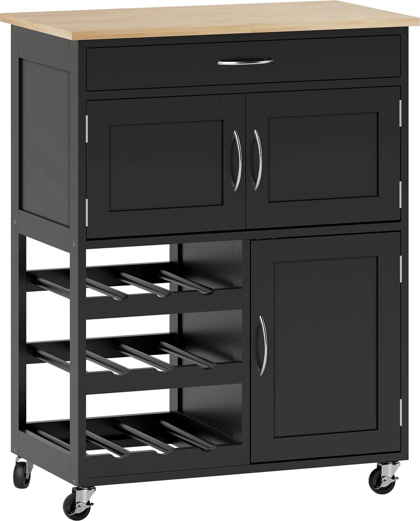 HOMCOM Cărucior de Bucătărie cu Suport pentru Sticle, 3 Uși, 4 Roți și Sertar, Dulapior de Bucătărie, 67x37x87 cm, Negru | Aosom Romania