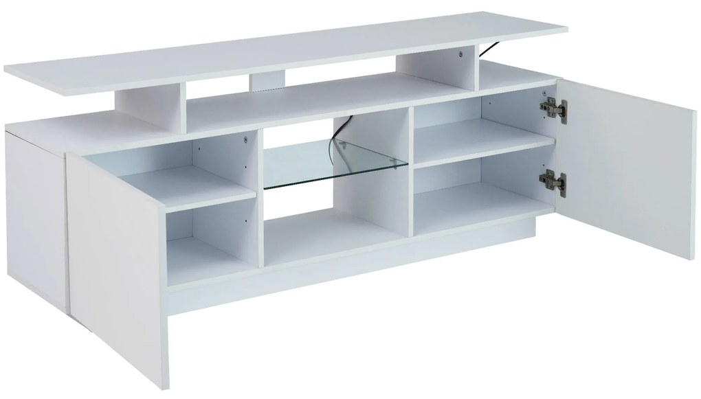 Modernă comodă TV cu iluminare LED în 16 culori, panou frontal lucios, raft de sticlă, 140×35×61 cm, Alb