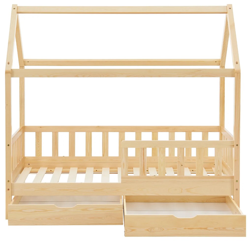 Patut Marli 90 x 200 cm cu 2 sertare si grilaj sipci - natural