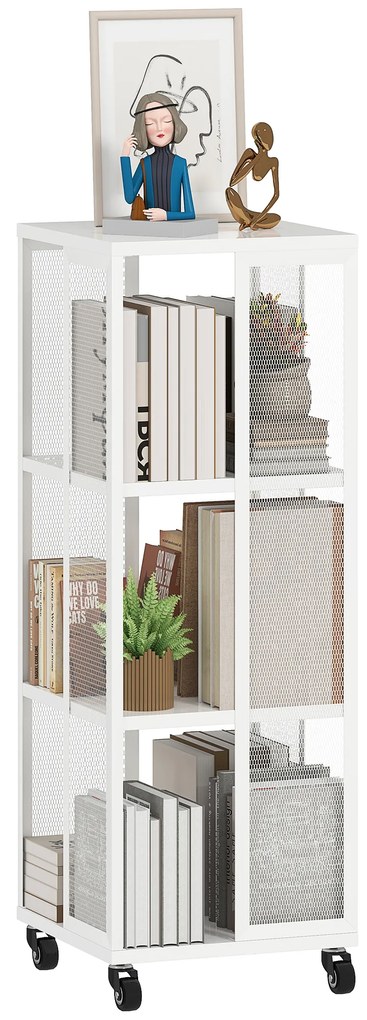 HOMCOM Bibliotecă Modernă cu 3 Rafturi și Roți, 35x35x99 cm, Alb | Aosom Romania