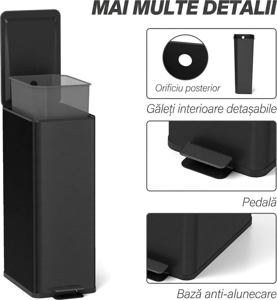 HOMCOM Coș de gunoi 20L cu închidere lentă și recipient detașabil, din oțel și PP, 21,5x37,2x57 cm, negru | Aosom Romania
