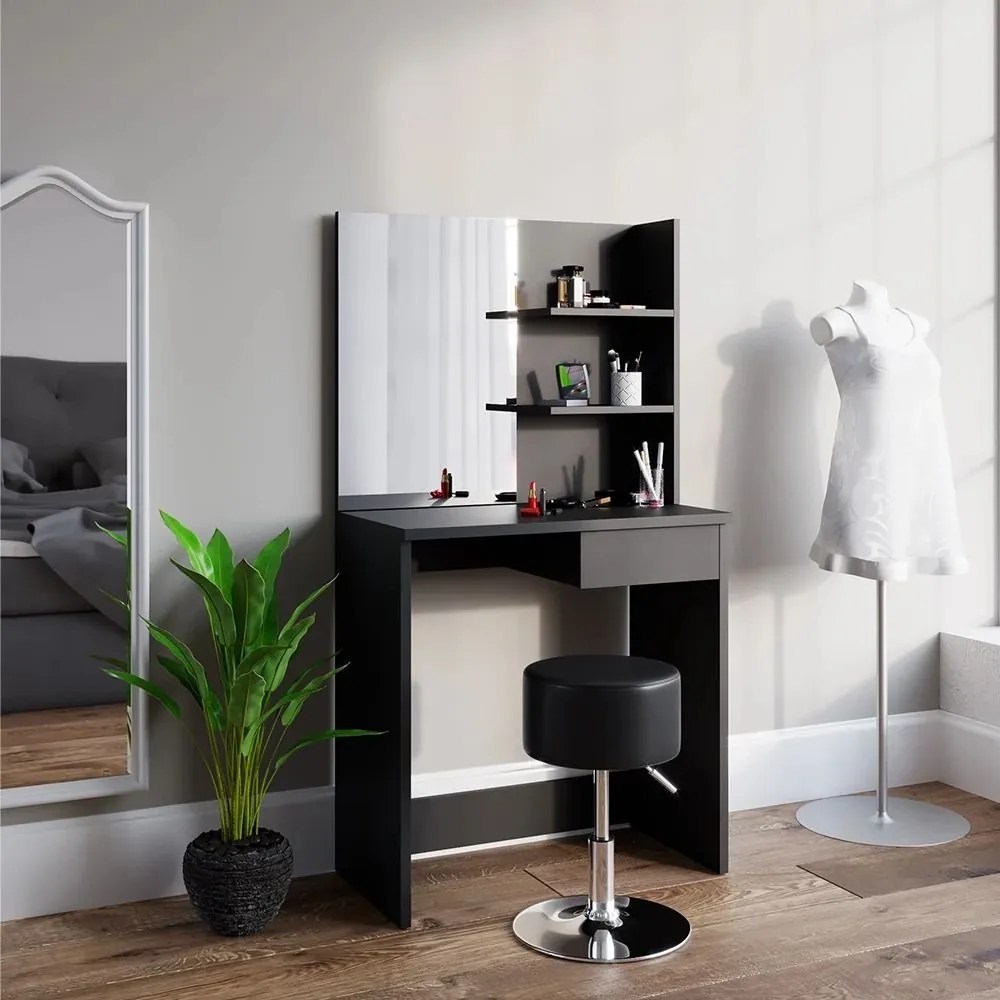 SEN224 - Set Masa toaleta, 75 cm, cosmetica machiaj oglinda masuta vanity, cu sau fara LED, cu sau fara scaun - Negru