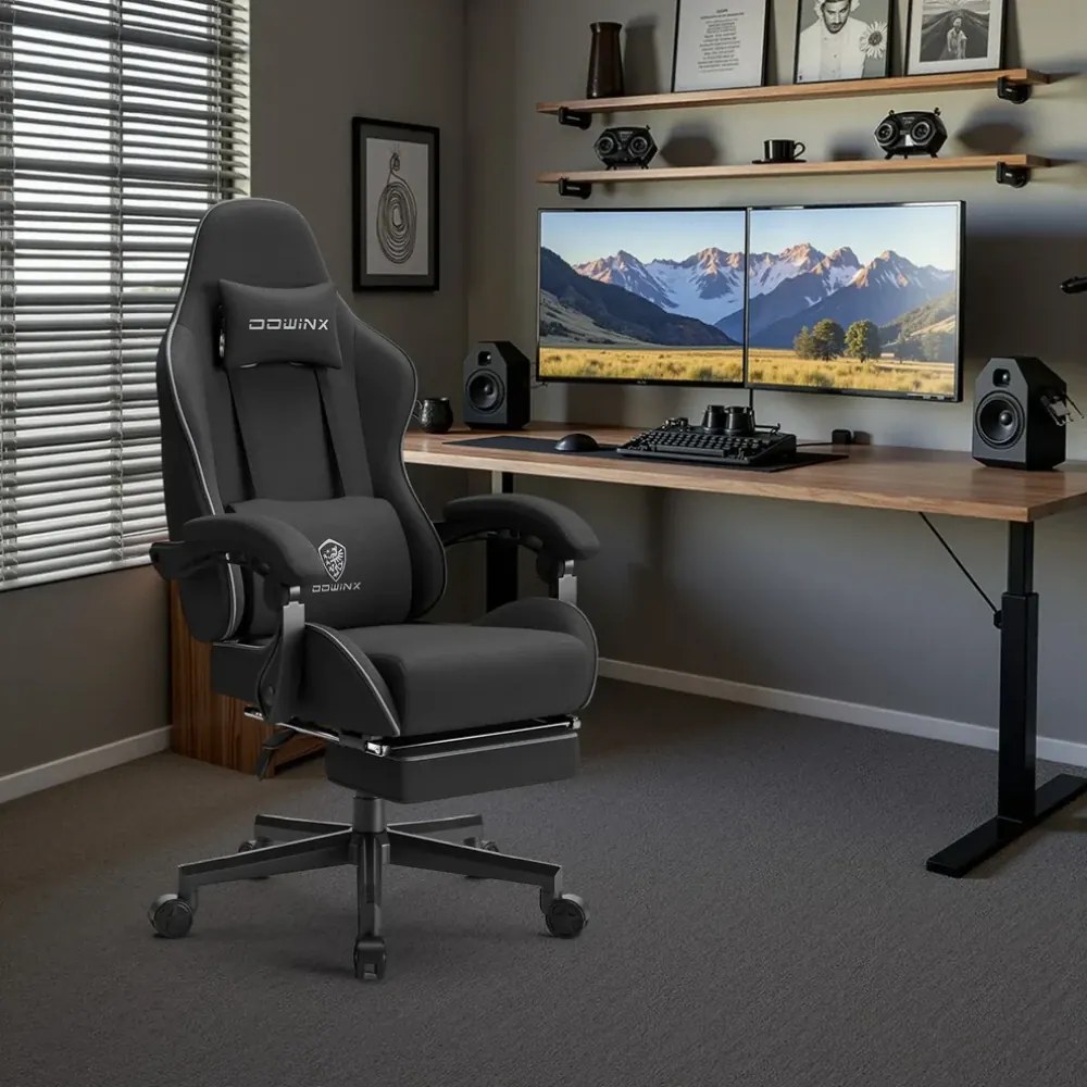 DOWINX 6658 - Scaun Gaming Ergonomic, Masaj in perna lombara, Șezut cu Arcuri Metalice și Spumă, Suport pentru picioare, Rabatabil 90°–135°, Rezistent 130 kg, Material textil, Negru