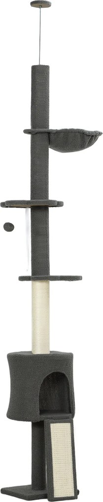PawHut Ansamblu de joacă pentru Pisici Înalt 220-240 cm cu Hamac, Casetă, Platforme și Stâlpi din Sisal, Gri | Aosom Romania