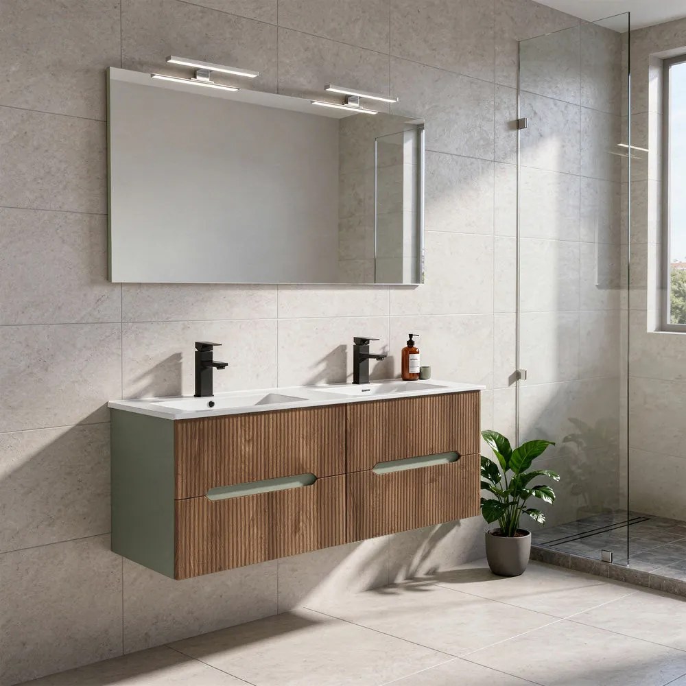 Trent Mobilier de baie 120 cm chiuvetă ceramică cu oglindă 60x120 cm stejar verde măslin-sunset