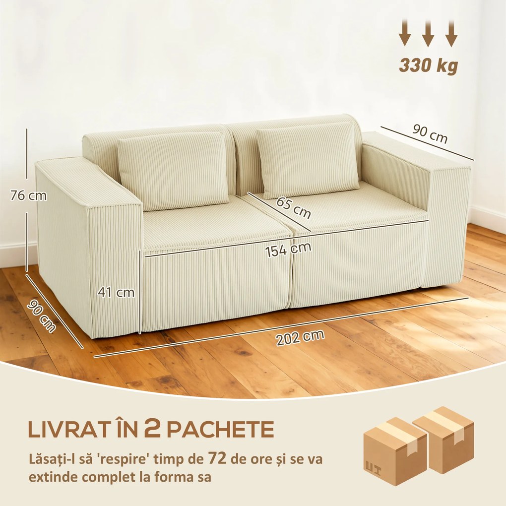 HOMCOM Canapea 3 Locuri Extra Profundă 65 cm, Modulară Fără Structură cu Perne Groase, Cotiere Largi și 2 Perne, Sofá Modern din Catifea pentru Living și Sufragerie, Bej | Aosom Romania