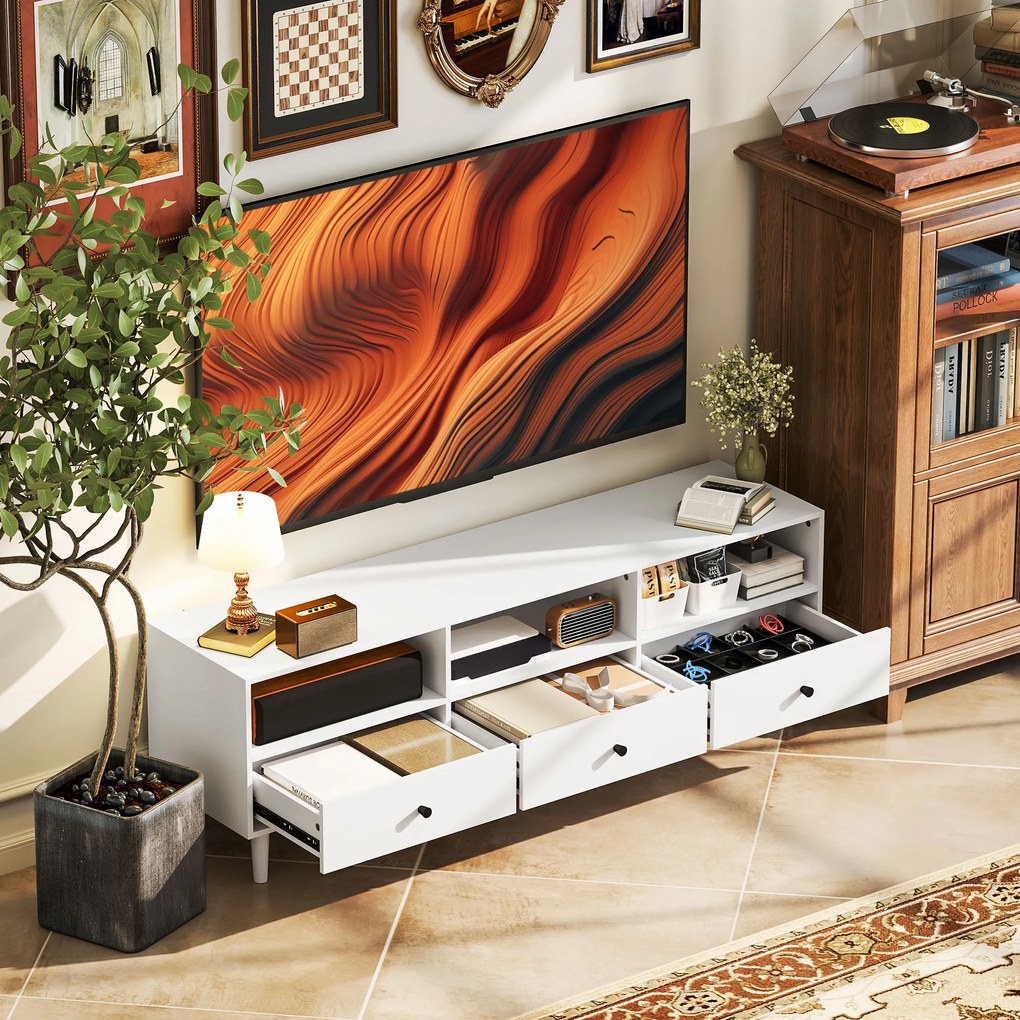 HOMCOM Comodă TV, Stand TV pentru Ecrane de 75 inch, 3 Rafturi Deschise, 3 Sertare, Placă de Particule, Alb | Aosom Romania