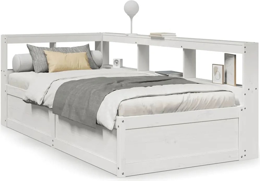 vidaXL Pat cu bibliotecă fără saltea, alb, 100x200 cm, lemn masiv pin