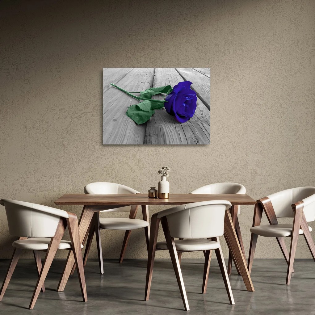 Tablou pe sticlă - Trandafir albastru cu tulpina verde (70x50 cm)