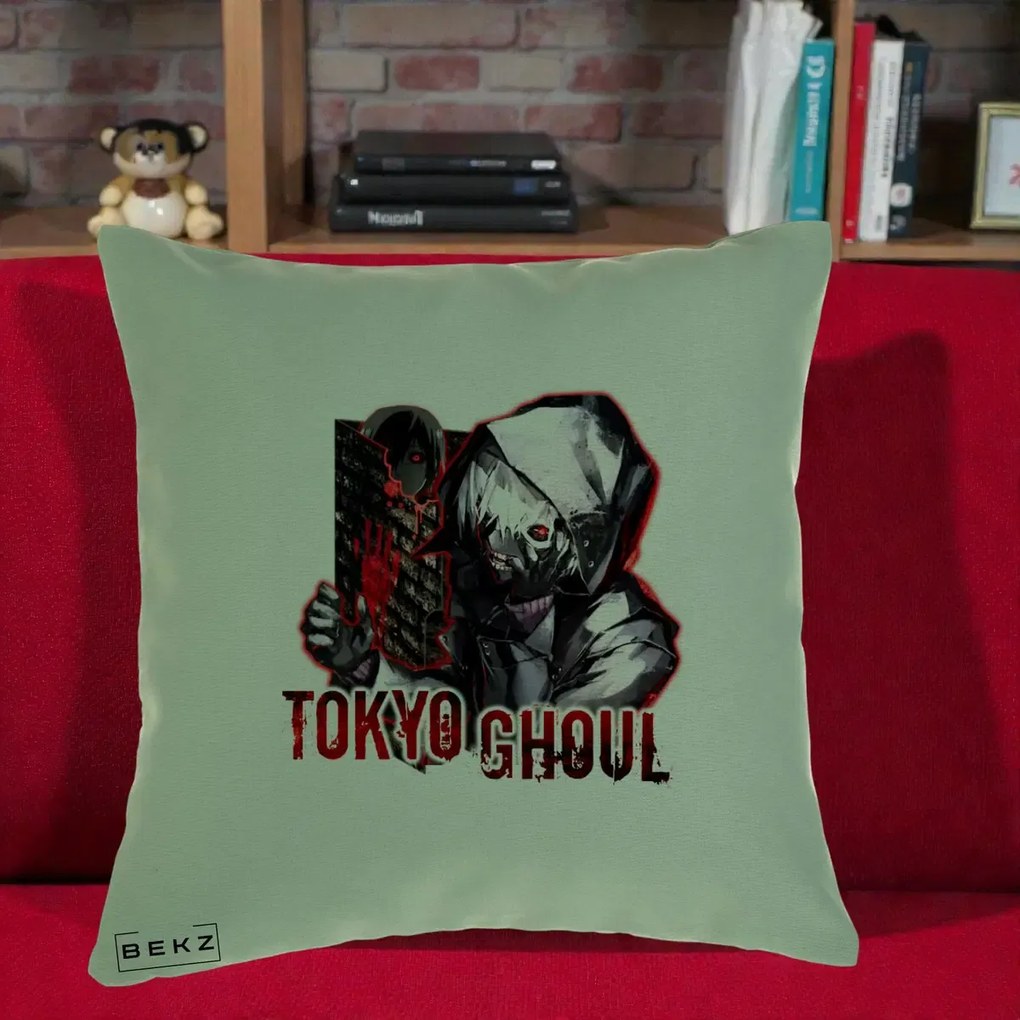 Perna Personalizata Tokyo Ghoul Ken Kaneki Anime, 40x40 cm, Verde, Husa Detasabila, Perna Inclusa, BEKZ®