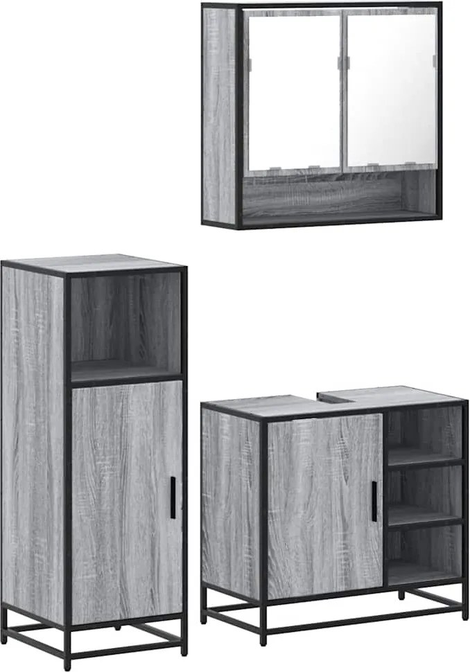 vidaXL Set mobilier de baie, 3 piese, gri sonoma, lemn prelucrat