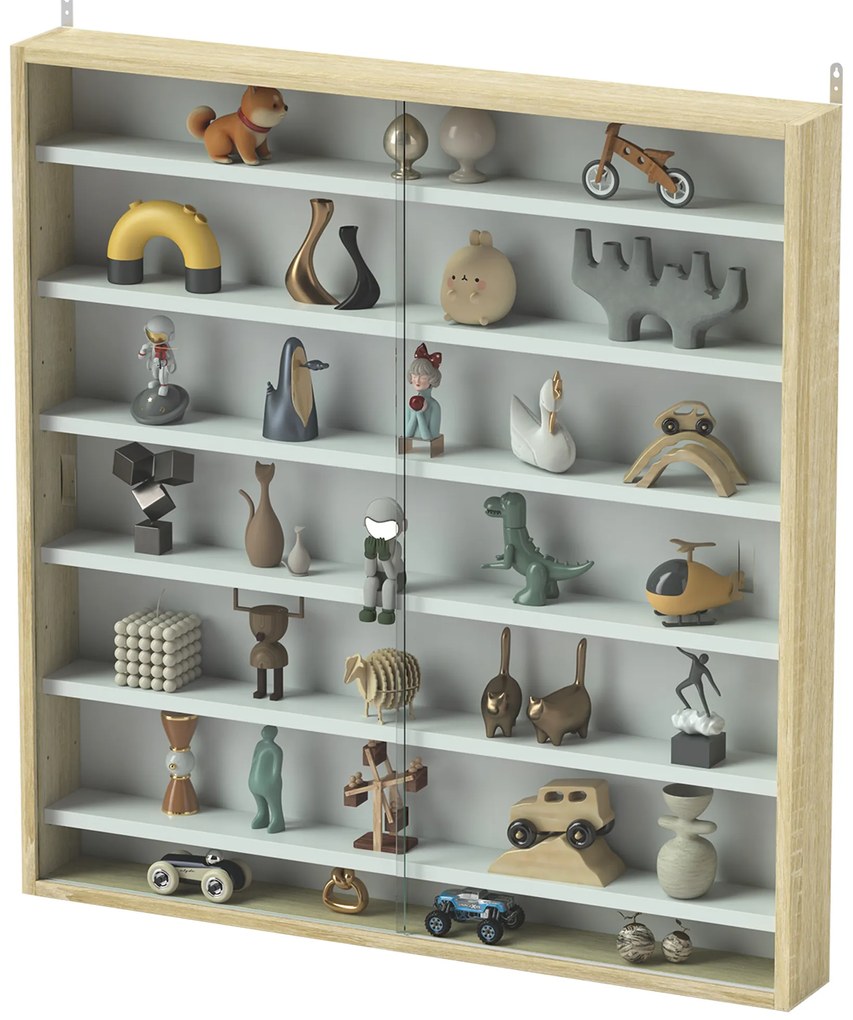 HOMCOM Vitrină pentru colecții vitrină de perete 80 x 9,5 x 83 cm 6 rafturi reglabile pe înălțime 2 uși glisante din sticlă | Aosom Romania