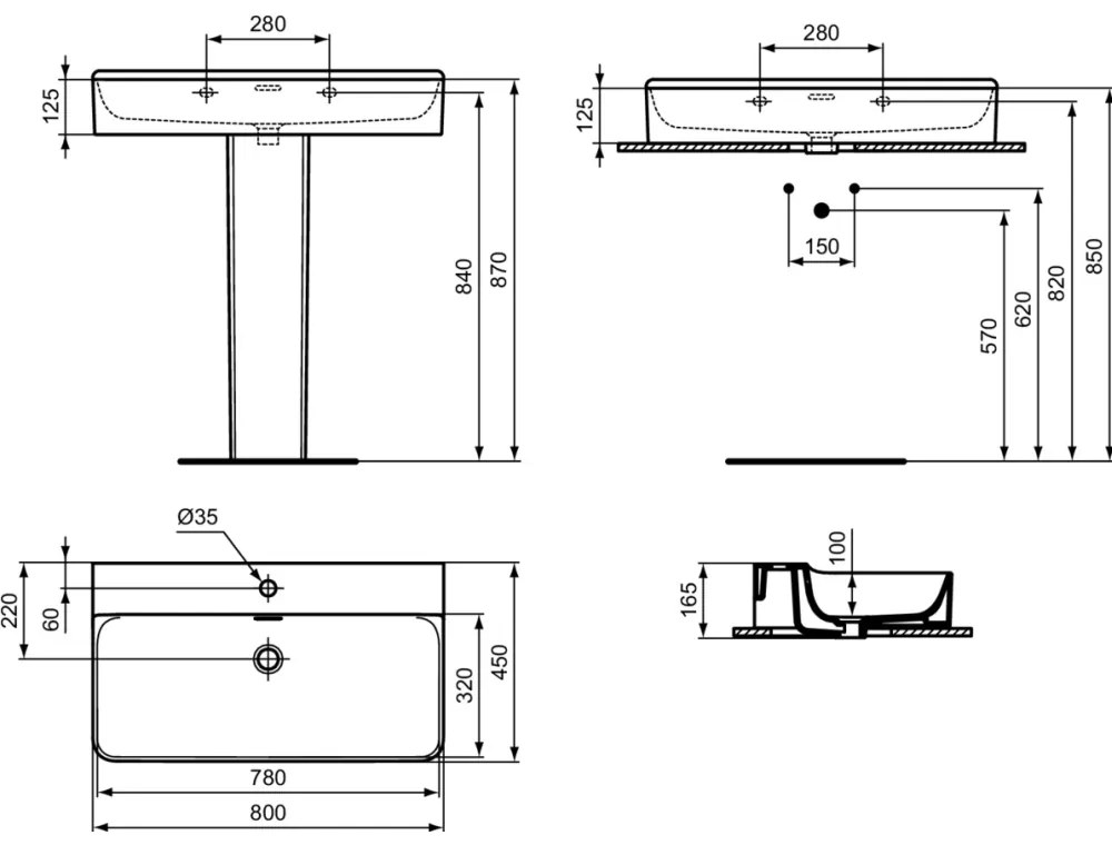 Lavoar suspendat alb 80 cm, dreptunghiular, cu preaplin, Ideal Standard Conca 800x450 mm