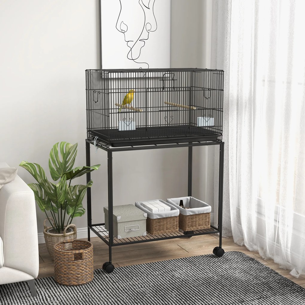 PawHut Colivie pentru Pasari cu Rotile 77x46x119 cm Cusca Metalica pentru Pasari cu Tava Detasabila 2 Suporturi 2 Hranitoare Negru | Aosom Romania