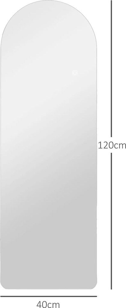 HOMCOM Oglindă de Perete în Formă de Arc cu Iluminare LED, Control Tactil și Sticlă Călită, 40x3x120 cm, Transparentă | Aosom Romania