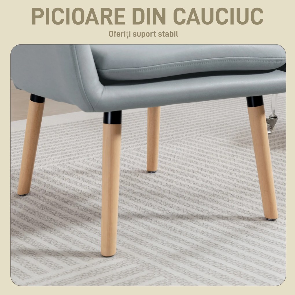 Scaun Decorativ Modern HOMCOM, Fotoliu Tapitat cu Leathaire cu Dublu Strat de Umplutură, Cadru de Oțel și Picioare de Lemn de Cauciuc pentru Sufragerie, Dormitor, Gri | Aosom Romania