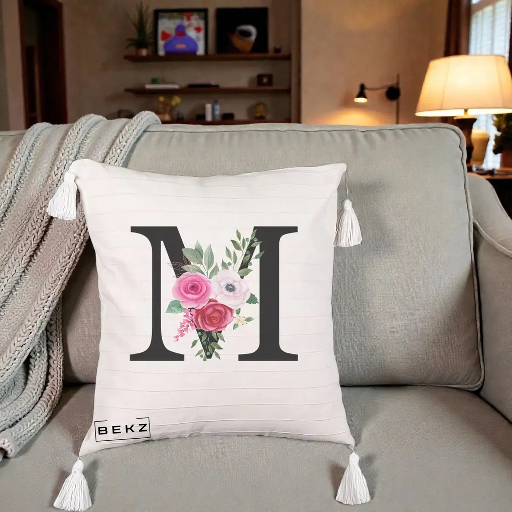 Cadou Personalizat - Perna Personalizata Monograma Florala Litera M cu Trandafiri si Anemona, 40x40 cm, Bej cu Franjuri, Husa Detasabila, Perna Inclusa, BEKZ®