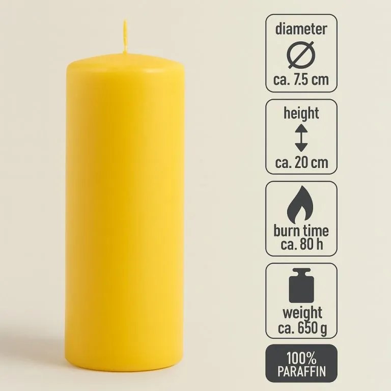 Set de lumânări tip pilon, 20 cm, Ø 7,5 cm, galben, 2 buc