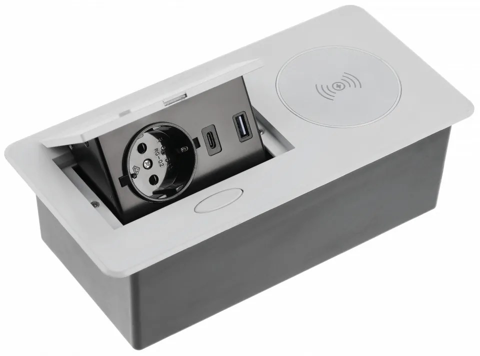 Priza incorporabila dreptunghiulara, 1 priza schuko, 2 USB A, cablu 1.5 m, aluminiu, incarcare wireless, GTV