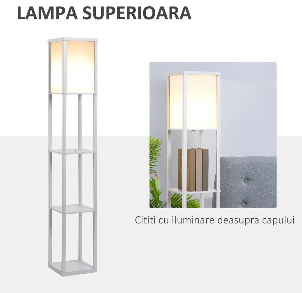 Lampa de Podea HOMCOM cu 3 Polite Integrate, Cuplare E27 Putere 40W, MDF, 26x26x160cm, Alb | Aosom Romania