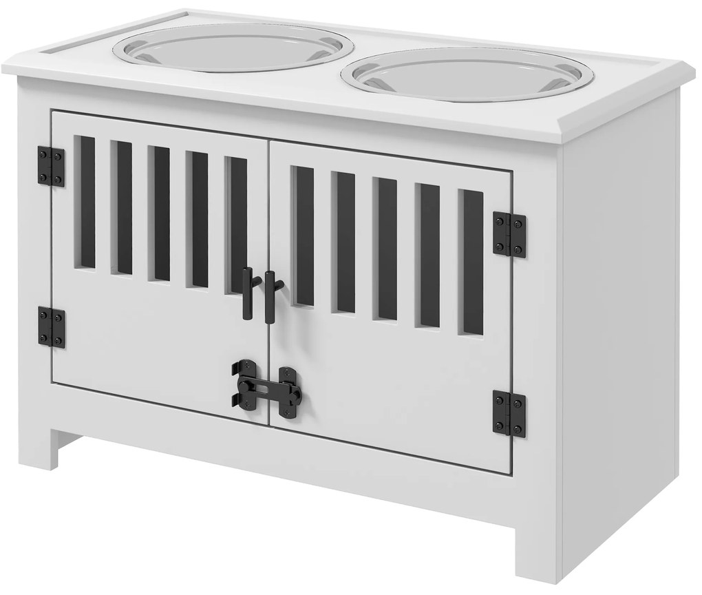 PawHut Stație de Hrănire Ridicată pentru Câini Mari, 2 Boluri din Oțel Inoxidabil, Spațiu de Depozitare, 35,5x60x30 cm, Alb | Aosom Romania