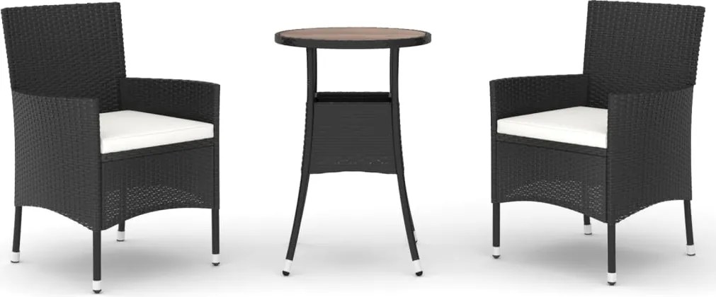 vidaXL Set bistro de grădină cu perne, 3 piese, negru, poliratan