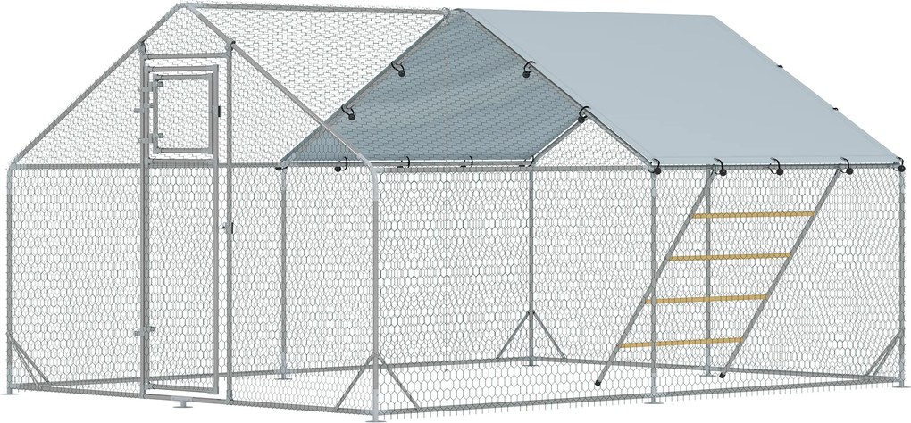 PawHut Coteț pentru Găini cu Acoperiș Impermeabil și Rezistent la UV, Hrănitor și Usă, 300x400x195 cm, Argintiu | Aosom Romania