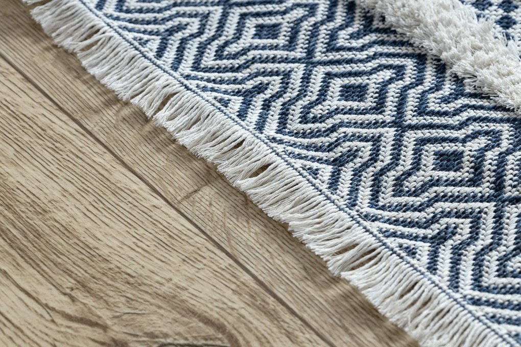 Covor ECO SISAL BOHO MOROC Linii 22328 franjuri - două niveluri de lână cremă / albastru inchis, covor reciclat