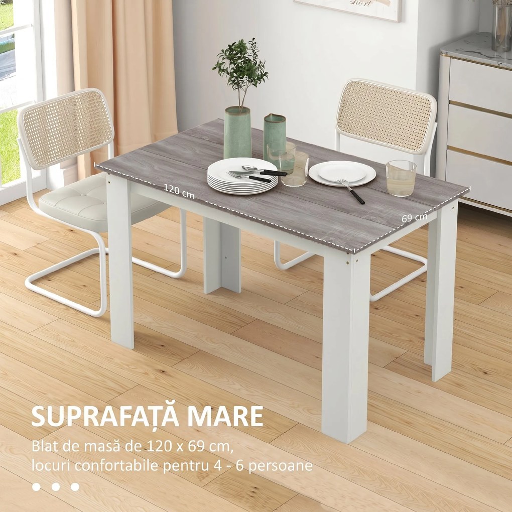 HOMCOM Masă Modernă de Dining pentru 4-6 Persoane 120x69x75 cm Gri și Alb | Aosom Romania