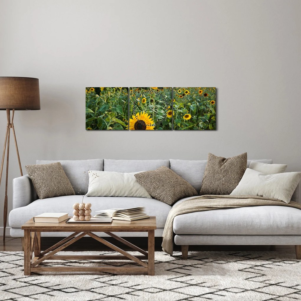 Tablou - Câmpul de floarea-soarelui II. (cu ceas) (90x30 cm)