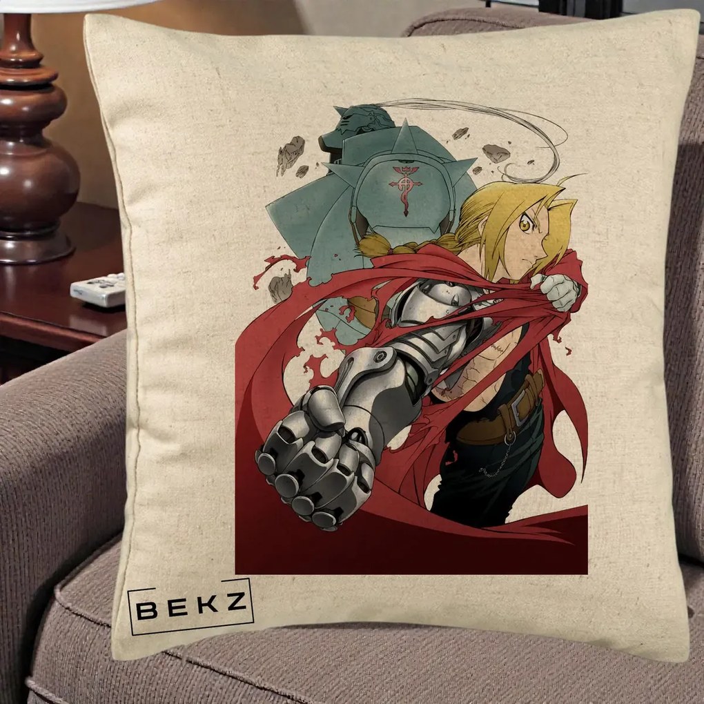 Perna Personalizata Fullmetal Alchemist Brotherhood Edward si Al Poster, 40x40 cm, Bej, Husa Detasabila, Perna Inclusa, BEKZ®