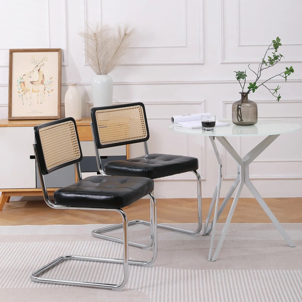 Set de 2 scaune de prânz din ratan, spătar din plasă fără brațe, picioare din metal cromat, Negru