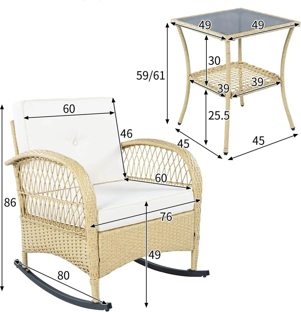 Set de mobilier din rattan pentru balcon (3 piese), 2 scaune balansoar confortabile cu spătar înalt, 80x76x86 cm, Bej