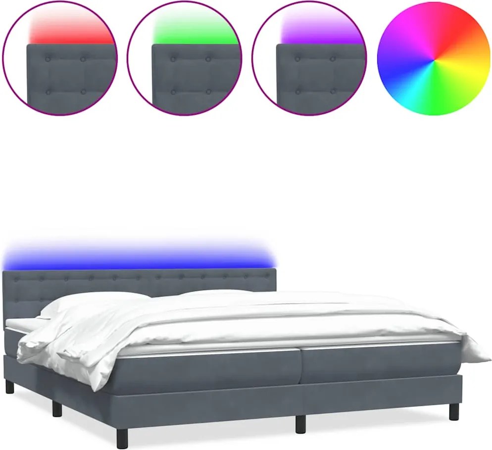 vidaXL Pat cu arcuri cu saltea și LED, gri închis, 180x210 cm, catifea