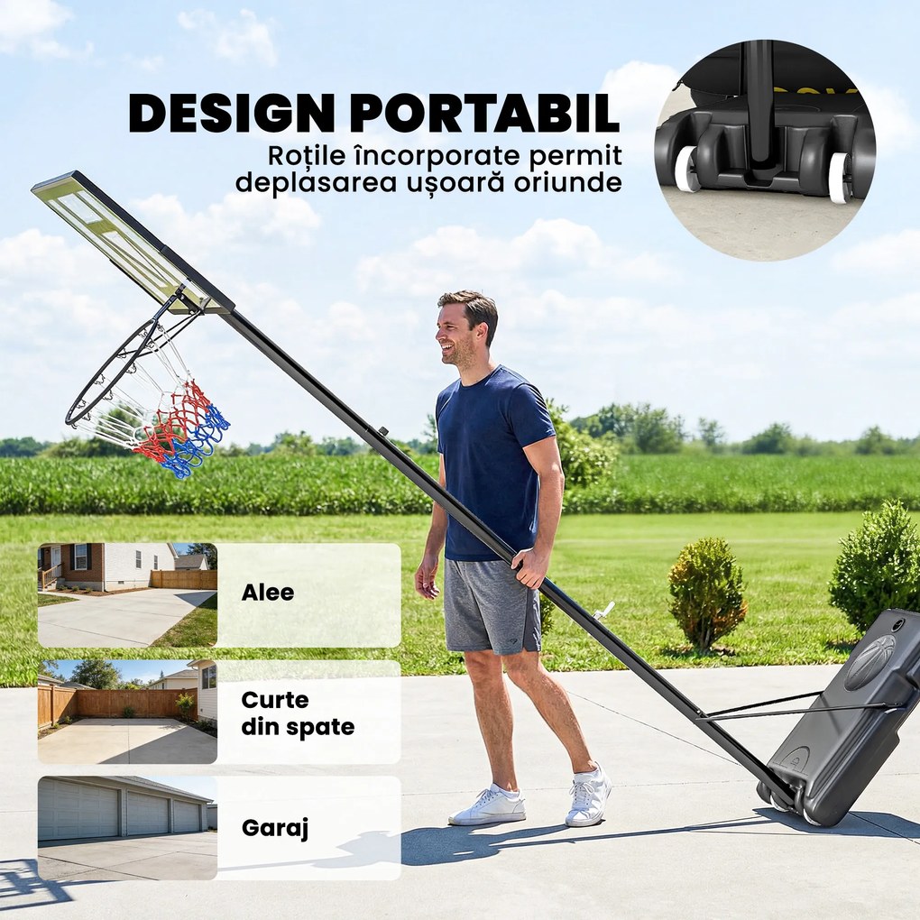 SPORTNOW Coș de Baschet Exterior Reglabil pe Înălțime 135-305 cm, Coș de Baschet cu Roți, Bază Umplibilă, Sac de Greutate, Panou Rezistent, Portabil pentru Interior și Exterior, Negru | Aosom Romania